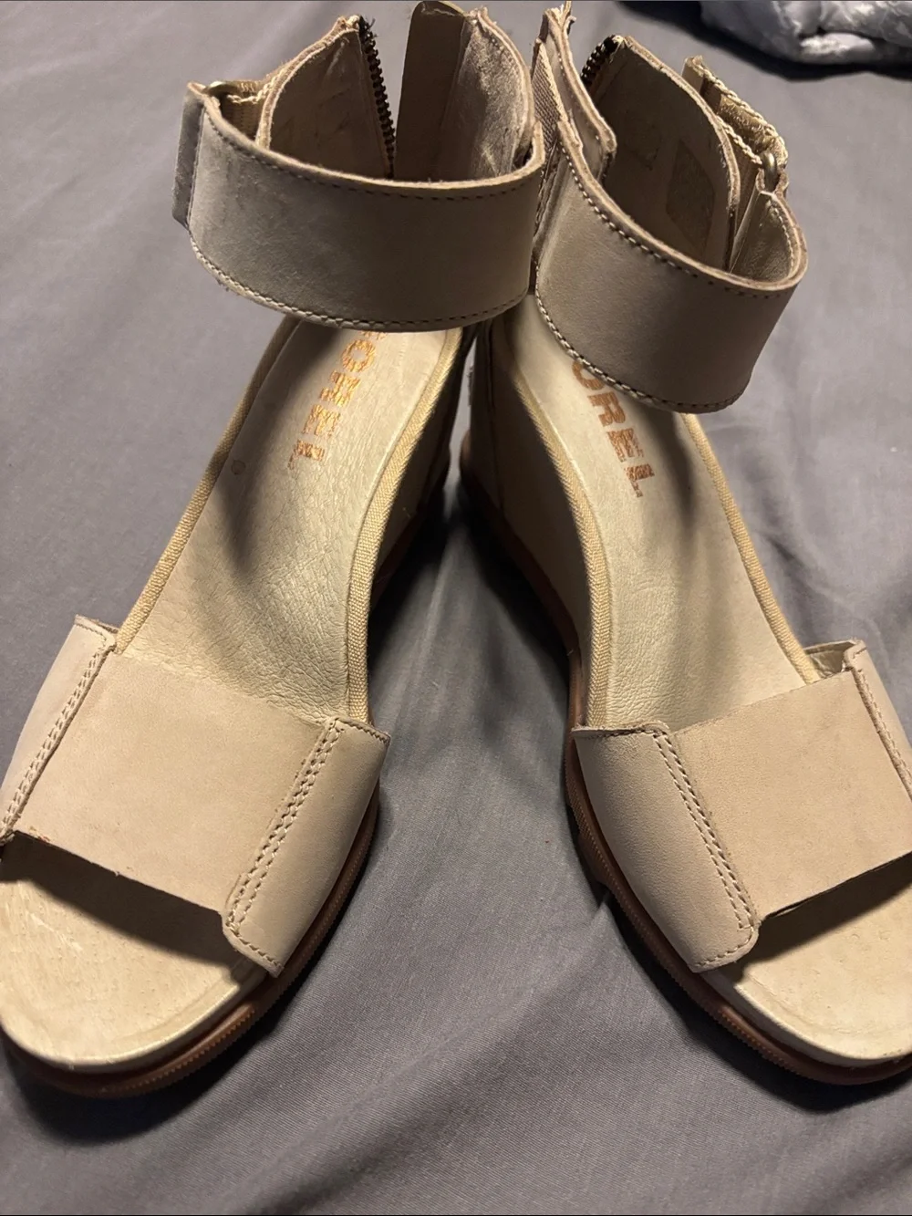 Sorel Beige Ankle-Strap Wedge Sandals